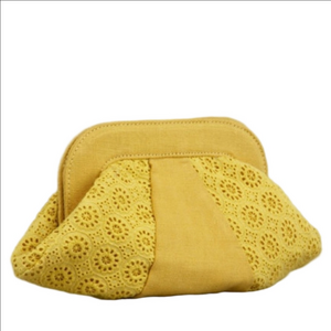 Lauren Merkin Lucy Yellow Linen and Eyelet Crochet  Clutch